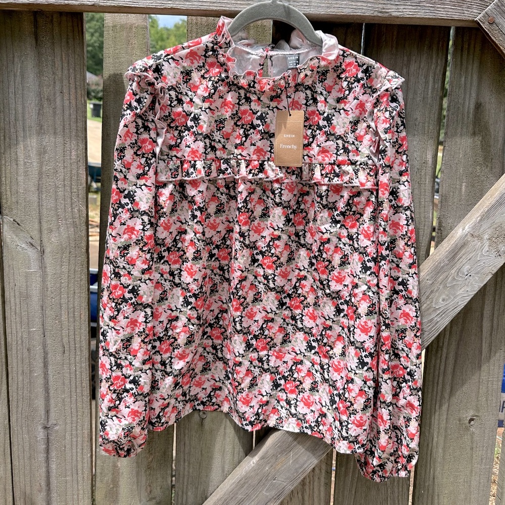 SHEIN/ Frenchy Floral High Neck Ruffle Trim Blouse - Pink and Black
